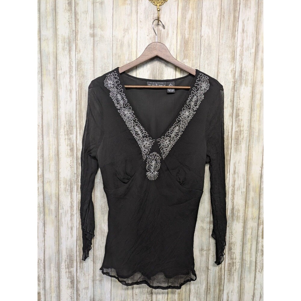 Separates 100% Silk Black Sheer 90s Y2K Witchy Top Whimsigoth Embellished Large